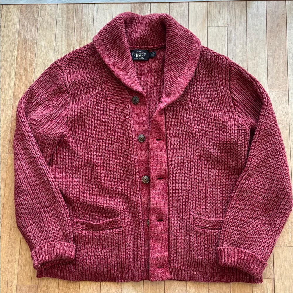 Ralph Lauren Double RL Red Cardigan Sweater with Shawl Collar